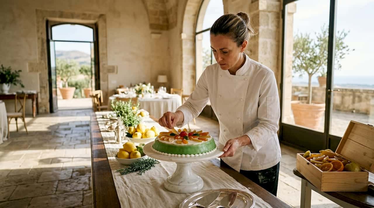 Pastry chef arranging Sicilian wedding cake on banquet table