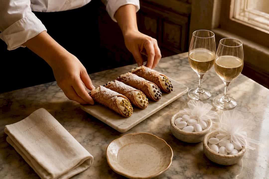 Cannoli and sugared almond wedding favors